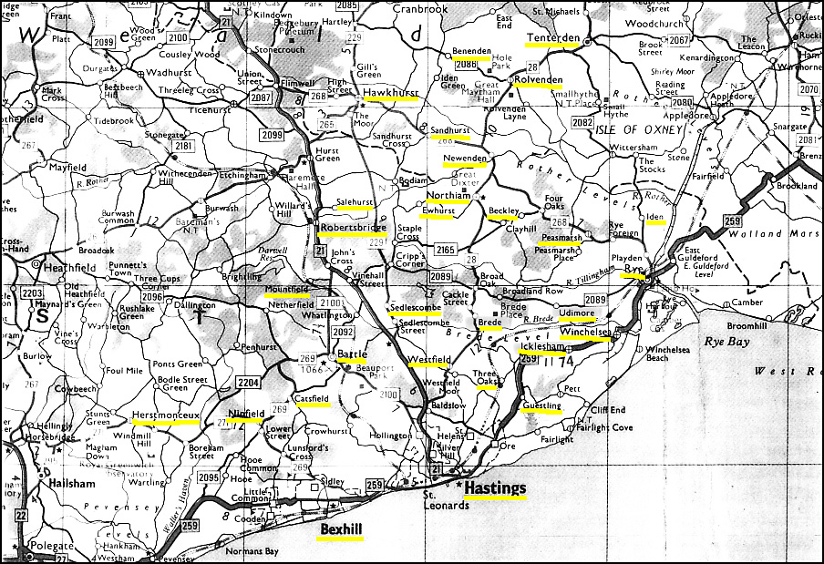 Map showing family locations in East Sussex and Kent